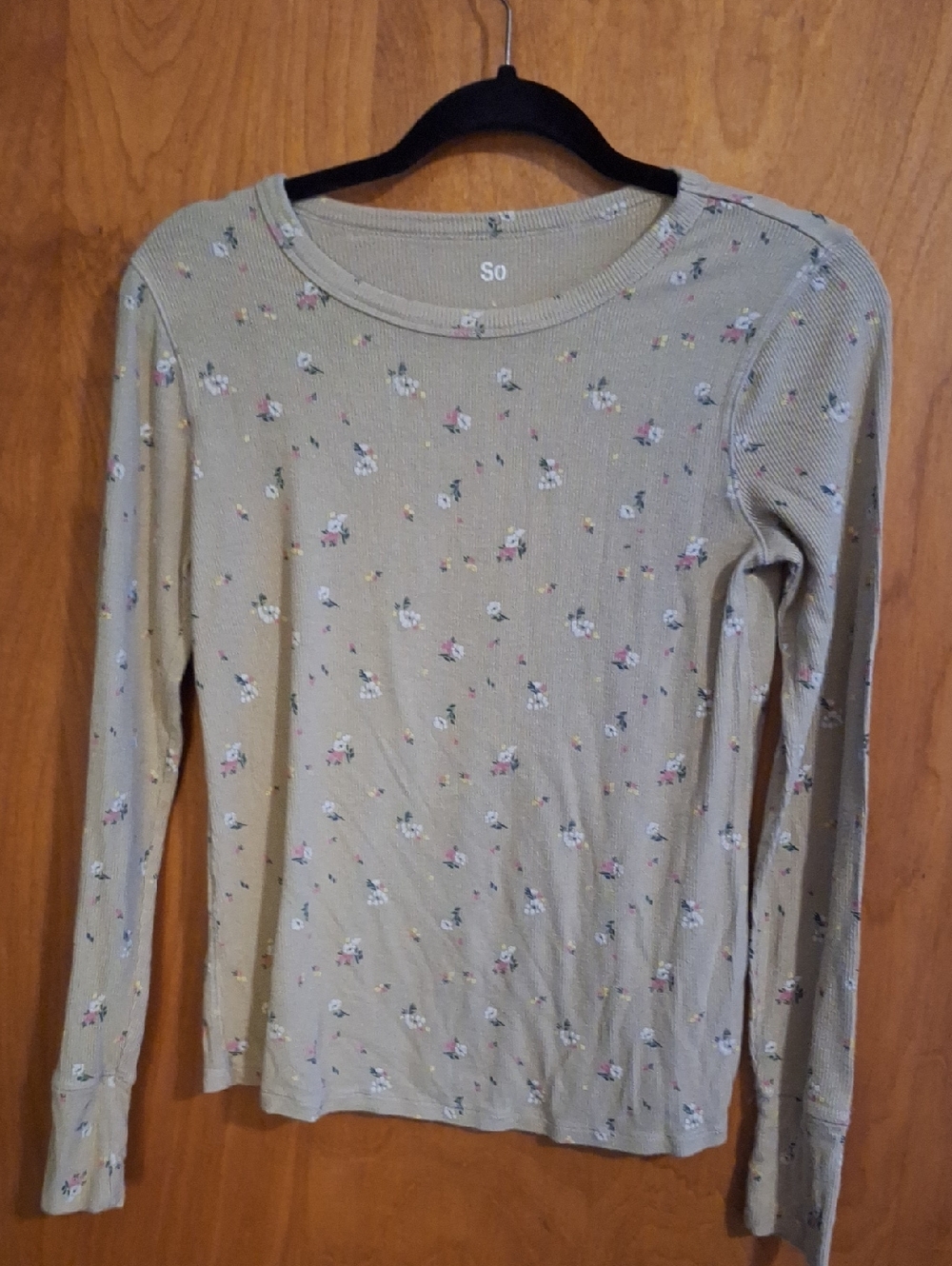 SO Olive Ribbed Floral Accent Long Sleeve Top
